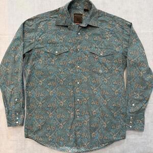 Roper Men's MEDIUM Pearl Snap Blue Brown Paisley Western Shirt Long Sleeve EUC